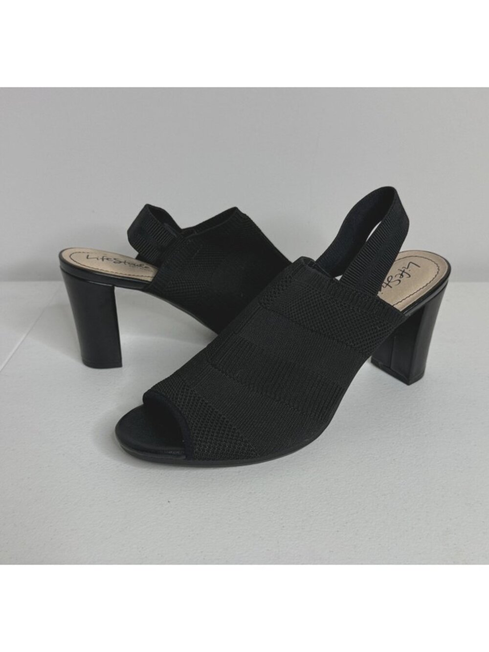 LifeStride 8.5 Black Knit Slingback Block Heel Sandals Minimalist Comfort Career